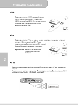 Page 118Руководство пользователя 
             Страница 10 
RU 
HDMI  
 
Подсоедините порт HDMI на задней панели 
проектора к внешнему источнику сигнала 
HDMI через кабель HDMI. После подключения 
экран автоматически переключится на 
источник сигнала HDMI. 
 
 
 
 
 
VGA  
 
Подсоедините порт VGA на задней панели проектора к внешнему источнику 
сигнала VGA через кабель VGA. После 
подключения выберите источник VGA кнопкой 
Source (Источник) на панели управления. 
 
Примечание: Кабель VGA не входит в 
стандартный...