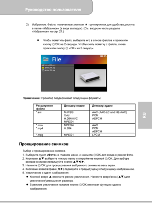 Page 125Руководство пользователя 
             Страница 17 
RU 
2) Избранное: Файлы помеченные значком ★ группируются для удобства доступа 
в папке «Избранное» (в виде закладок). (См. вводную часть раздела 
«Избранное» на стр. 21.) 
 
 Чтобы пометить файл, выберите его в списке файлов и прижмите 
◎кнопку /OK на 2 секунды. Чтобы снять пометку с файла, снова ◎прижмите кнопку  «OK» на 2 секунды. 
  
 
 
Примечание: Проектор поддерживает следующие форматы: 
 
Расширение 
файла Декодер видео Декодер аудио 
*.avi...