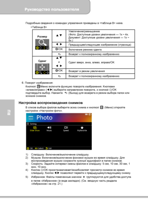 Page 126Руководство пользователя 
             Страница 18 
RU 
Подробные сведения о командах управления приведены в  ниже. 
 
 
 Увеличение/уменьшение 
(Фото: Доступные уровни увеличения — 1x ~ 4x. 
Документ: Доступные уровни увеличения — 1x ~ 
8x.) 
   
Предыдущее/следующее изображение (страница) ◎
/OK 
Включение режима сдвига 
Размер 
 Возврат к полноэкранному изображению  
 
и 

   Сдвиг вверх, вниз, влево, вправо/OK ◎
/OK 
Возврат в режим увеличения 
Сдвиг 
 Возврат к полноэкранному изображению  
6....