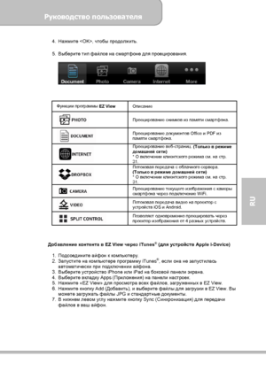 Page 139Руководство пользователя 
             Страница 31 
RU 
4. Нажмите , чтобы продолжить. 
 
5. Выберите тип файлов на смартфоне для проецирования. 
 
  
 
Функции программы
 EZ View  
Описание 
 Проецирование снимков из памяти смартфона. 
 Проецирование документов Office и PDF из 
памяти смартфона. 
 Проецирование веб-страниц. 
(Только в режиме 
домашней сети) 
* О включении клиентского режима см. на стр. 
31. 
 Потоковая передача с облачного сервера. 
(Только в режиме домашней сети) 
* О включении...
