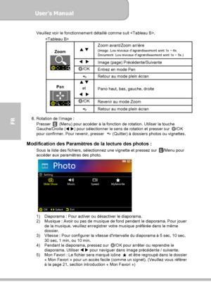 Page 90User’s Manual  
             Page 18
FR 
Veuillez voir le fonctionnement détaillé comme suit . 
 
 
 Zoom avant/Zoom arrière   
(Image :Les niveaux d’agrandissement sont 1x ~ 4x. 
Document :Les niveaux d’agrandissement sont 1x ~ 8x.) 
   
Image (page) Précédente/Suivante 
◎
/OK
Entrez en mode Pan 
Zoom 
 Retour au mode plein écran  
 
et  

   Pano haut, bas, gauche, droite ◎
/OK
Revenir au mode Zoom 
Pan 
 Retour au mode plein écran  
6.  Rotation de l’image : 
Presser 
  (Menu) pour accéder à...