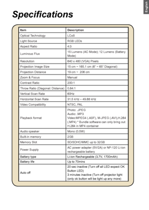 Page 242121
EnglishSpecifications
Item Description 
Optical Technology  LCoS 
Light Source  RGB LEDs 
Aspect Ratio  4:3 
Luminous Flux  15 Lumens (AC Mode); 12 Lumens (Battery 
Mode) 
Resolution  640 x 480 (VGA) Pixels
Projection Image Size  15 cm ~ 165.1 cm (6” ~ 65” Diagonal)
Projection Distance  19 cm ~  206 cm 
Zoom & Focus  Manual 
Contrast Ratio 200:1
Throw Ratio (Diagonal: Distance) 0.84:1
Vertical Scan Rate 60Hz
Horizontal Scan Rate 31.5 kHz – 49.68 kHz
Video Compatibility NTSC, PAL
Playback format...