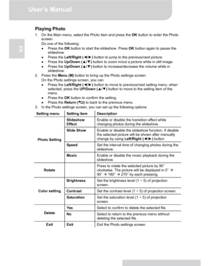 Page 14Downloaded from www.Manualslib.com manuals search engine Downloaded From projector-manual.com Aiptek ManualsUser’s Manual 
www.aiptek.eu Page 14 
EN 
Playing Photo 
1.  On the Main menu, select the Photo item and press the OK button to enter the Photo 
screen. 
  Do one of the following: 
● Press the OK button to start the slideshow. Press OK button again to pause the 
slideshow. 
● Press the Left/Right (◄/►) button to jump to the previous/next picture. 
● Press the Up/Down (▲/▼) button to zoom in/out a...