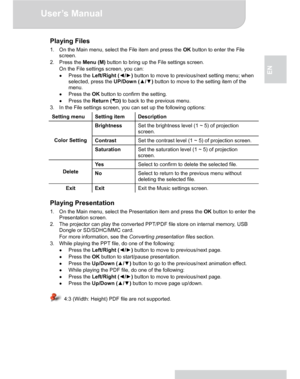 Page 15Downloaded from www.Manualslib.com manuals search engine Downloaded From projector-manual.com Aiptek ManualsUser’s Manual 
www.aiptek.eu Page 15 
EN 
Playing Files 
1.  On the Main menu, select the File item and press the OK button to enter the File 
screen. 
2. Press the Menu (M) button to bring up the File settings screen. 
  On the File settings screen, you can: 
● Press the Left/Right (◄/►) button to move to previous/next setting menu; when 
selected, press the UP/Down (▲/▼) button to move to the...