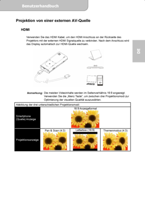 Page 27Benutzerhandbuch  
             Seite 8
DE 
Projektion von einer externen AV-Quelle   HDMI 
 
Verwenden Sie das HDMI Kabel, um den HDMI Anschluss an der Rückseite des 
Projektors mit der externen HDMI Signalquelle zu verbinden. Nach dem Anschluss wird 
das Display automatisch zur HDMI-Quelle wechseln. 
 
 
 
Anmerkung: Die meisten Videoinhalte werden im Seitenverhältnis 16:9 angezeigt. 
Verwenden Sie die „Menü Taste“, um zwischen drei Projektionsmodi zur 
Optimierung der visuellen Qualität auszuwählen....