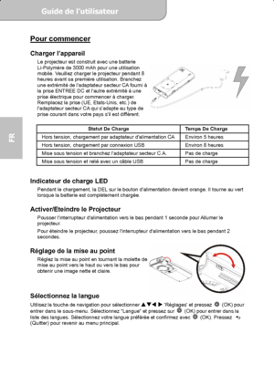 Page 44Guide de l’utilisateur  
             Page 6
FR 
Pour commencer  Charger l’appareil Le projecteur est construit avec une batterie 
Li-Polymère de 3000 mAh pour une utilisation 
mobile. Veuillez charger le projecteur pendant 8 
heures avant sa première utilisation. Branchez 
une extrémité de ladaptateur secteur CA fourni à 
la prise ENTREE DC et lautre extrémité à une 
prise électrique pour commencer à charger. 
Remplacez la prise (UE, Etats-Unis, etc.) de 
ladaptateur secteur CA qui s’adapte au type de...