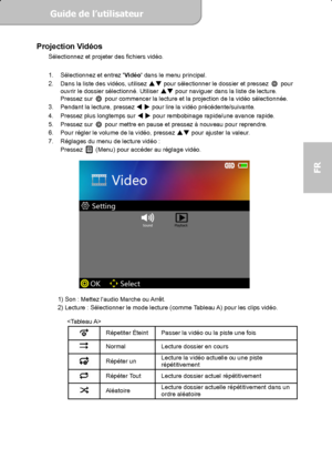 Page 49Guide de l’utilisateur  
             Page 11
FR 
Projection Vidéos Sélectionnez et projeter des fichiers vidéo. 
 
1.  Sélectionnez et entrez 
Vidéo dans le menu principal. 
2.  Dans la liste des vidéos, utilisez
 
 pour sélectionner le dossier et pressez  pour 
ouvrir le dossier sélectionné. Utiliser 
 pour naviguer dans la liste de lecture. 
Pressez sur   pour commencer la lecture et la projection de la vidéo sélectionnée. 
3.  Pendant la lecture, pressez  
 pour lire la vidéo...