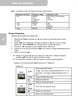 Page 50Guide de l’utilisateur  
             Page 12
FR 
Note : Le projecteur prend en charge les formats vidéo suivants : 
 
Extension de fichier  Décodeur vidéo  Décodeur audio 
*.avi MJPEG 
Xvid 
H.264/AVC 
MPEG4 AAC (AAC-LC et HE-AAC) 
PCM 
ADPCM 
*.mov 
*.mp4 MPEG4 
H.264 AAC 
PCM 
ADPCM 
*.mpg MPEG1 LPCM  
 
Photos Projection 
Sélectionnez et projeter des images fixes. 
 
1. Sélectionnez 
Photo et pressez sur 
  pour entrer en mode photo dans le menu 
principal. 
2. Utiliser 
 
 pour sélectionner le...