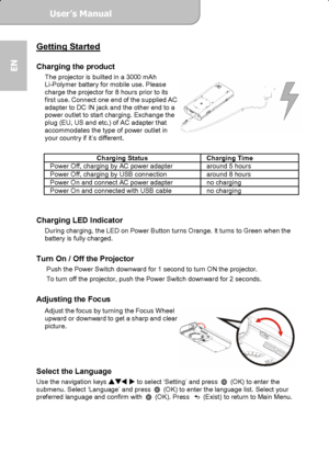 Page 6User’s Manual  
             Page 6
EN 
Getting Started  Charging the product The projector is builted in a 3000 mAh 
Li-Polymer battery for mobile use. Please 
charge the projector for 8 hours prior to its 
first use. Connect one end of the supplied AC 
adapter to DC IN jack and the other end to a 
power outlet to start charging. Exchange the 
plug (EU, US and etc.) of AC adapter that 
accommodates the type of power outlet in 
your country if it’s different. 
 
Charging Status  Charging Time 
Power Off,...