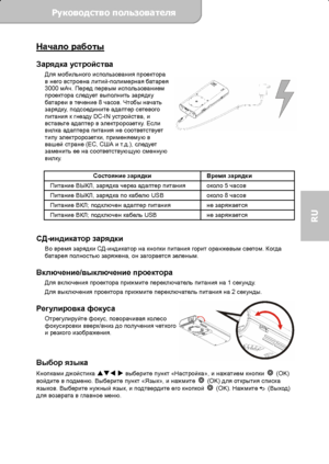 Page 63Руководство пользователя  
             Страница 6 
RU 
Начало работы  Зарядка устройства Для мобильного использования проектора 
в него встроена литий-полимерная батарея 
3000 мАч. Перед первым использованием 
проектора следует выполнить зарядку 
батареи в течение 8 часов. Чтобы начать 
зарядку, подсоедините адаптер сетевого 
питания к гнезду DC-IN устройства, и 
вставьте адаптер в электророзетку. Если 
вилка адаптера питания не соответствует 
типу электророзетки, применяемую в 
вашей стране (ЕС, 
США и...