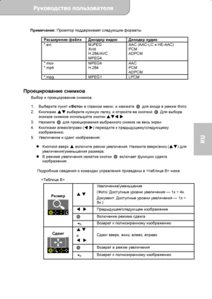 Page 69Руководство пользователя  
             Страница 12 
RU 
Примечание: Проектор поддерживает следующие форматы. 
 
Расширение файла Декодер видео Декодер аудио 
*.avi MJPEG 
Xvid 
H.264/AVC 
MPEG4 AAC (AAC-LC и HE-AAC) 
PCM 
ADPCM 
*.mov 
*.mp4 MPEG4 
H.264 AAC 
PCM 
ADPCM 
*.mpg MPEG1 LPCM  
 
Проецирование снимков 
Выбор и проецирование снимков. 
 
1. Выберите пункт 
«Фото» в главном меню, и нажмите 
 для входа в режим Фото. 
2. Кнопками 
 выберите нужную папку, и откройте ее кнопкой . Для выбора...