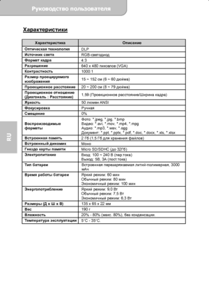 Page 76Руководство пользователя  
             Страница 19 
RU 
Характеристики 
 
Характеристика Описание Оптическая технология 
DLP Источник света 
RGB-светодиод Формат кадра 
4:3 Разрешение 
640 x 480 пикселов (VGA) Контрастность 
1000:1 Размер проецируемого 
изображения 15 ~ 152 см (6 ~ 60 дюйма) 
Проекционное расстояние
20 ~ 200 см (8 ~ 79 дюйма) Проекционное отношение 
(Диагональ : Расстояние) 1,59 (Проекционное расстояние/Ширина кадра) 
Яркость 
50 люмен ANSI Фокусировка 
Ручная Смещение 
0%...