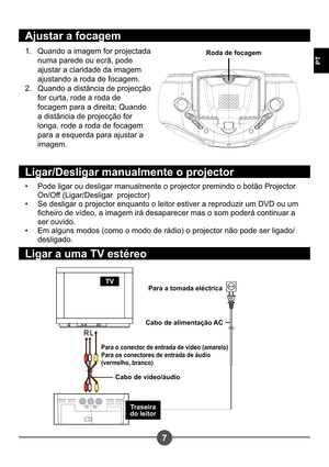 Page 1247
PT
Quando a imagem for projectada  
numa parede ou ecrã, pode 
ajustar a claridade da imagem 
ajustando a roda de focagem.
Quando a distância de projecção 
for curta, rode a roda de 
focagem para a direita; Quando  
a distância de projecção for  
longa, rode a roda de focagem 
para a esquerda para ajustar a 
imagem.
1. 
2.
Ajustar a focagem
Roda de focagem
Pode ligar ou desligar manualmente o projector premindo o botão Projector  
On/Off (Ligar/Desligar  projector)
Se desligar o projector enquanto o...