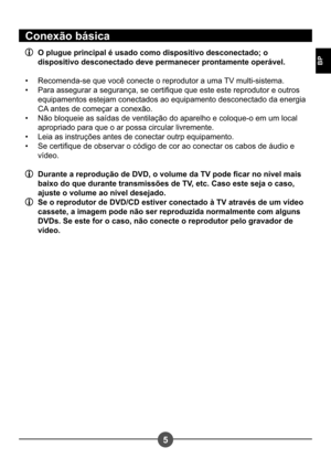 Page 2365
BP
Conexão básica
  O plugue principal é usado como dispositivo desconectado; o dispositivo desconectado deve permanecer prontamente operável. 
Recomenda-se que você conecte o reprodutor a uma TV multi-sistema. 
Para assegurar a segurança, se certique que este este reprodutor e outros 
equipamentos estejam conectados ao equipamento desconectado da energia 
CA antes de começar a conexão. 
Não bloqueie as saídas de ventilação do aparelho e coloque-o em um local  
apropriado para que o ar possa circular...