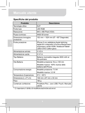 Page 33Manuale utente 
6 
IT 
Specifiche del prodotto 
Prodotto Descrizione Tecnologia ottica  DLP Fonte luce  LED RGB Risoluzione  640 x 480 Pixel (VGA) Flusso luminoso  ANSI 50 lumen Dimensione immagine 
proiezione 152 mm ~ 1524 mm (6 ~ 60 Diagonale) 
Fonte proiezione 
iPhone 5 con adattatore Apple lightning 
digital AV e dispositivi d’home entertainment 
supportano uscite HDMI, Notebook/Tablet/ 
Lettori DVD /Lettori gioco 
Alimentazione entrata  5 V/2 A Alimentazione uscita  5 V/1 A Tipo Batteria 
Batteria...