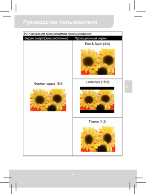 Page 38Руководство пользователя 
4 
RU 
 
Иллюстрация трех режимов проецирования: 
Экран смартфона (источник) Проекционный экран 
Pan & Scan (4:3) 
Letterbox (16:9) 
Формат кадра 16:9 
Theme (4:3)  