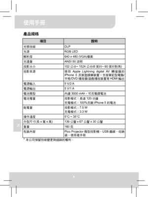 Page 61使用手冊 
6 
TC 
產品規格 
項目 說明 光學技術 DLP 光源 RGB LED 解析度  640 x 480 (VGA)像素 光通量 ANSI 50流明 投影大小 152公分~ 1524公分(6英吋~ 60英吋對角) 投影來源 
使用Apple Lightning digital AV轉接器的
iPhone 5及家庭娛樂裝置，支援筆記型電腦/
平板/DVD播放器/遊戲播放裝置等HDMI輸出 
電源輸入 5 V/2 A 電源輸出 5 V/1 A 電池類型 內建3000 mAh，可充電鋰電池 電池電量 投影模式：長達120分鐘 
充電模式：100%充飽iPhone 5的電池 
耗電量 投影模式：7.5 W 
充電模式：3.3 W 
操作溫度  5°C ~ 35°C 外型尺寸(長x寬x高) 139公釐x 67公釐x 30公釐 重量 160克 包裝內容 
Pico Projector微型投影機、USB纜線、收納
袋、使用者手冊 
* 本公司保留技術變更與錯誤的權利。   