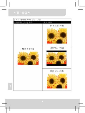 Page 73사용 설명서 
4 
KO
 
3가지 종류의투사 모드 그림:
스마트폰 (소스) 화면 투사 화면 
팬 & 스캔 (4:3) 
레터박스 (16:9) 
16:9 화면비율 
테마 모드 (4:3)  