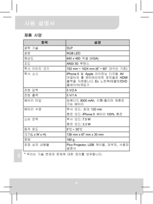 Page 75사용 설명서 
6 
KO
제품 사양 
항목 설명 광학 기술 DLP 광원 RGB LED 해상도  640 x 480 픽셀 (VGA) 조도 ANSI 50 루멘스 투사 이미지 크기  152 mm ~ 1524 mm (6” ~ 60” 대각선 기준) 투사 소스 
iPhone 5 및 Apple 라이트닝 디지털 AV  
어댑터와 홈 엔터테인먼트 장치들은 HDMI 
출력을 지원합니다. Ex 노트북/태블릿/DVD 
플레이어/게임기 
전원 입력 5 V/2 A 전원 출력 5 V/1 A 배터리 타입 
임베디드3000 mAh, 리튬-폴리머 재충전 
가능 배터리 
배터리 수명 투사 모드: 최대 120 min 
충전 모드: iPhone 5 배터리100% 충전 
소비 전력 투사 모드: 7.5 W 
충전 모드: 3.3 W 
동작 온도 5°C ~ 35°C 크기(L x W x H)  139 mm x 67 mm x 30 mm 중량 160 g 포장 상자 내용물 
Pico Projector, USB 케이블, 파우치, 사용자 
설명서 
*...