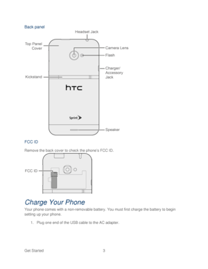 Page 15 
Get Started  3   
Back panel 
 
FCC ID 
Remove the back cover to check the phone’ s FCC ID. 
 
Charge Your  Phone 
Your phone  comes with a non- removable battery. You must first charge the battery to begin 
setting up your phone . 
1.  Plug one end of the USB cable to the AC adapter.   