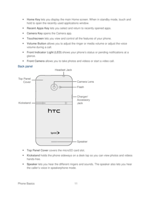 Page 23 
Phone Basics  11   
 
Home Key  lets you di splay the main Home screen. When in standby mode, touch and 
hold to open the recently used applications window.  
  Recent Apps  Key lets you select and return to recently opened apps.  
  Camera  Key opens the Camera app.  
  Touchscreen  lets you view and control all the features of your phone . 
  Volume Button  allows you to adjust the ringer or media volume or adjust the voice 
volume during a call.  
  Front Indicator Light (LED)  shows your...