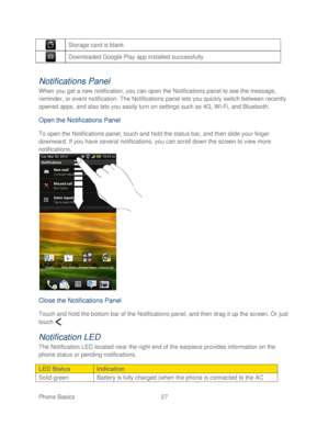 Page 39 
Phone Basics  27   
 Storage card is blank 
 Downloaded Google Play app installed successfully  
 
Notifications Panel 
When you get a new notification, you can open the Notifications panel to see the message, 
reminder, or event notification.  The Notifications panel lets you quickly switch between recently 
opened apps, and also lets you easily turn on settings such as 4G,  Wi -Fi , and Bluetooth.   
Open the Notifications Panel  
To open the Notifications panel,  touch and hold the status bar, and...