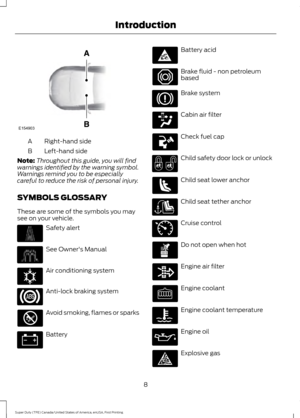 Page 11Right-hand side
A
Left-hand side
B
Note: Throughout this guide, you will find
warnings identified by the warning symbol.
Warnings remind you to be especially
careful to reduce the risk of personal injury.
SYMBOLS GLOSSARY
These are some of the symbols you may
see on your vehicle. Safety alert
See Owner's Manual
Air conditioning system
Anti-lock braking system
Avoid smoking, flames or sparks
Battery Battery acid
Brake fluid - non petroleum
based
Brake system
Cabin air filter
Check fuel cap
Child...