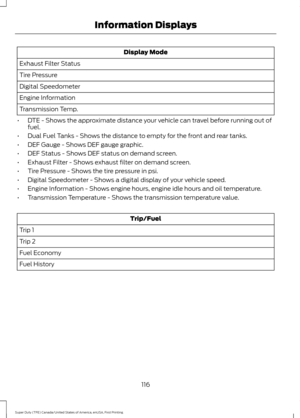 Page 119Display Mode
Exhaust Filter Status
Tire Pressure
Digital Speedometer
Engine Information
Transmission Temp.
• DTE - Shows the approximate distance your vehicle can travel before running out of
fuel.
• Dual Fuel Tanks - Shows the distance to empty for the front and rear tanks.
• DEF Gauge - Shows DEF gauge graphic.
• DEF Status - Shows DEF status on demand screen.
• Exhaust Filter - Shows exhaust filter on demand screen.
• Tire Pressure - Shows the tire pressure in psi.
• Digital Speedometer - Shows a...