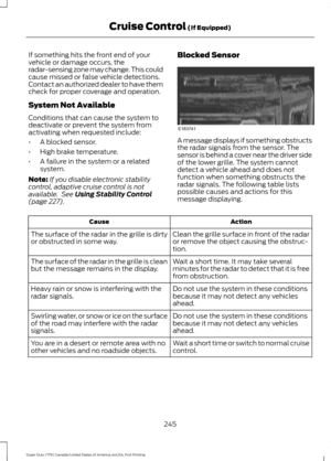 Page 248If something hits the front end of your
vehicle or damage occurs, the
radar-sensing zone may change. This could
cause missed or false vehicle detections.
Contact an authorized dealer to have them
check for proper coverage and operation.
System Not Available
Conditions that can cause the system to
deactivate or prevent the system from
activating when requested include:
•
A blocked sensor.
• High brake temperature.
• A failure in the system or a related
system.
Note: If you disable electronic stability...