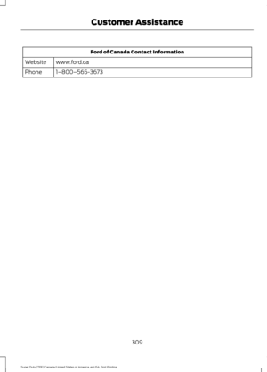 Page 312Ford of Canada Contact Information
www.ford.ca
Website
1–800–565-3673
Phone
309
Super Duty (TFE) Canada/United States of America, enUSA, First Printing Customer Assistance 