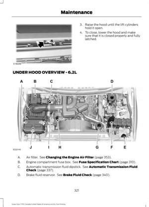 Page 3243. Raise the hood until the lift cylinders
hold it open.
4. To close, lower the hood and make sure that it is closed properly and fully
latched.
UNDER HOOD OVERVIEW - 6.2L Air filter.  See Changing the Engine Air Filter (page 353).
A.
Engine compartment fuse box.  See 
Fuse Specification Chart (page 310).
B.
Automatic transmission fluid dipstick.  See 
Automatic Transmission Fluid
Check (page 337).
C.
Brake fluid reservoir.  See 
Brake Fluid Check (page 340).
D.
321
Super Duty (TFE) Canada/United States...