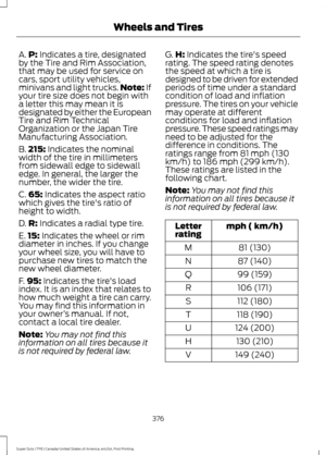 Page 379A.
P: Indicates a tire, designated
by the Tire and Rim Association,
that may be used for service on
cars, sport utility vehicles,
minivans and light trucks. Note:
 If
your tire size does not begin with
a letter this may mean it is
designated by either the European
Tire and Rim Technical
Organization or the Japan Tire
Manufacturing Association.
B. 215:
 Indicates the nominal
width of the tire in millimeters
from sidewall edge to sidewall
edge. In general, the larger the
number, the wider the tire.
C. 65:...