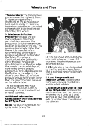 Page 381*Temperature: The temperature
grades are A (the highest), B and
C, representing the tire's
resistance to the generation of
heat and its ability to dissipate
heat when tested under controlled
conditions on a specified indoor
laboratory test wheel.
M. Maximum Inflation
Pressure:
 Indicates the tire
manufacturers' maximum
permissible pressure or the
pressure at which the maximum
load can be carried by the tire. This
pressure is normally higher than
the vehicle manufacturer's
recommended cold...