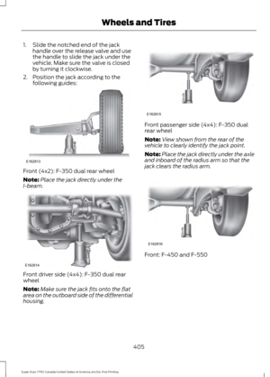 Page 4081. Slide the notched end of the jack
handle over the release valve and use
the handle to slide the jack under the
vehicle. Make sure the valve is closed
by turning it clockwise.
2. Position the jack according to the following guides: Front (4x2): F-350 dual rear wheel
Note:
Place the jack directly under the
I-beam. Front driver side (4x4): F-350 dual rear
wheel
Note:
Make sure the jack fits onto the flat
area on the outboard side of the differential
housing. Front passenger side (4x4): F-350 dual
rear...