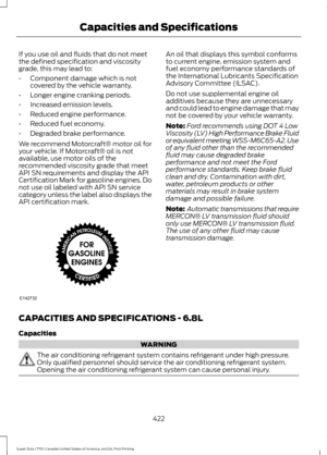 Page 425If you use oil and fluids that do not meet
the defined specification and viscosity
grade, this may lead to:
•
Component damage which is not
covered by the vehicle warranty.
• Longer engine cranking periods.
• Increased emission levels.
• Reduced engine performance.
• Reduced fuel economy.
• Degraded brake performance.
We recommend Motorcraft® motor oil for
your vehicle. If Motorcraft® oil is not
available, use motor oils of the
recommended viscosity grade that meet
API SN requirements and display the...