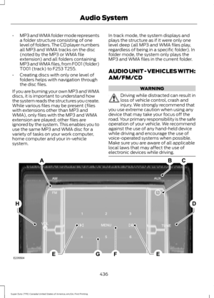 Page 439•
MP3 and WMA folder mode represents
a folder structure consisting of one
level of folders. The CD player numbers
all MP3 and WMA tracks on the disc
(noted by the MP3 or WMA file
extension) and all folders containing
MP3 and WMA files, from F001 (folder)
T001 (track) to F253 T255.
• Creating discs with only one level of
folders helps with navigation through
the disc files.
If you are burning your own MP3 and WMA
discs, it is important to understand how
the system reads the structures you create.
While...