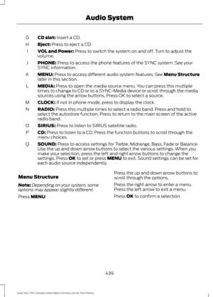 Page 442CD slot: Insert a CD.
G
Eject:
 Press to eject a CD.
H
VOL and Power:
 Press to switch the system on and off. Turn to adjust the
volume.
I
PHONE:
 Press to access the phone features of the SYNC system. See your
SYNC information.
J
MENU:
 Press to access different audio system features. See Menu Structure
later in this section.
K
MEDIA:
 Press to open the media source menu. You can press this multiple
times to change to CD or to a SYNC-Media device or scroll through the media
sources using the arrow...