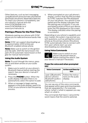 Page 457Other features, such as text messaging
using Bluetooth and automatic phonebook
download, are phone-dependent features.
To check your phone's compatibility, see
your phone's manual and visit
www.SYNCMyRide.com,
www.SYNCMyRide.ca or
www.syncmaroute.ca.
Pairing a Phone for the First Time
Wirelessly pairing your phone with SYNC
allows you to make and receive hands-free
calls.
Note:
SYNC can support downloading up
to approximately 4000 entries per
Bluetooth-enabled cellular phone.
Note: Make sure to...