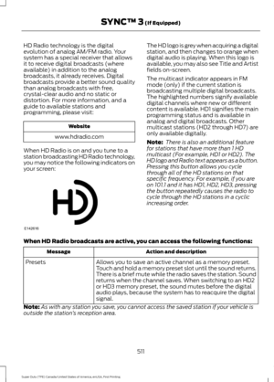 Page 514HD Radio technology is the digital
evolution of analog AM/FM radio. Your
system has a special receiver that allows
it to receive digital broadcasts (where
available) in addition to the analog
broadcasts, it already receives. Digital
broadcasts provide a better sound quality
than analog broadcasts with free,
crystal-clear audio and no static or
distortion. For more information, and a
guide to available stations and
programming, please visit:
Website
www.hdradio.com
When HD Radio is on and you tune to a...