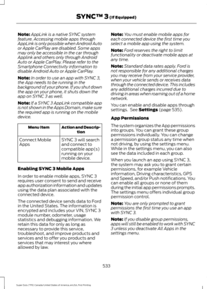 Page 536Note:
AppLink is a native SYNC system
feature. Accessing mobile apps through
AppLink is only possible when Android Auto
or Apple CarPlay are disabled. Some apps
may only be accessible in the car through
Applink and others only through Android
Auto or Apple CarPlay. Please refer to the
Smartphone Connectivity information to
disable Android Auto or Apple CarPlay.
Note: In order to use an app with SYNC 3,
the App needs to be running in the
background of your phone. If you shut down
the app on your phone, it...