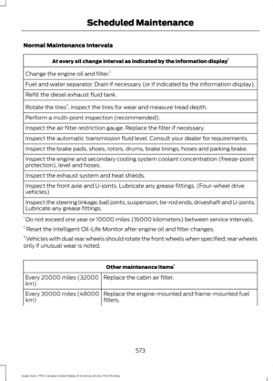 Page 576Normal Maintenance Intervals
At every oil change interval as indicated by the information display
1
Change the engine oil and filter. 2
Fuel and water separator. Drain if necessary (or if indicated by the information display).
Refill the diesel exhaust fluid tank.
Rotate the tires 3
, inspect the tires for wear and measure tread depth.
Perform a multi-point inspection (recommended).
Inspect the air filter restriction gauge. Replace the filter if necessary.
Inspect the automatic transmission fluid level....