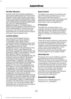 Page 618No Other Warranty:
EXCEPT FOR THE LMITED WARRANTY
SET FORTH ABOVE AND TO THE EXTENT
PERMITTED BY APPLICABLE LAW, NAV2
AND ITS LICENSORS (INCLUDING THEIR
LICENSORS AND SUPPLIERS) DISCLAIM
ANY WARRANTIES, EXPRESS OR IMPLIED,
OF QUALITY, PERFORMANCE,
MERCHANTABILITY, FITNESS FOR A
PARTICULAR PURPOSE, OWNERSHIP OR
NON-INFRINGEMENT. Certain warranty
exclusions may not be permitted under
applicable law, so to that extent the above
exclusion may not apply to you.
Limited Liability:
TO THE EXTENT PERMITTED BY...