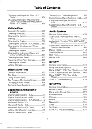 Page 8Changing the Engine Air Filter - 6.7L
Diesel...........................................................354
Changing the Engine-Mounted and Diesel Fuel Conditioner Module Fuel
Filters - 6.7L Diesel..................................356
Vehicle Care
General Information...................................360
Cleaning Products......................................360
Cleaning the Exterior
...................................361
Waxing
.............................................................362
Cleaning the...