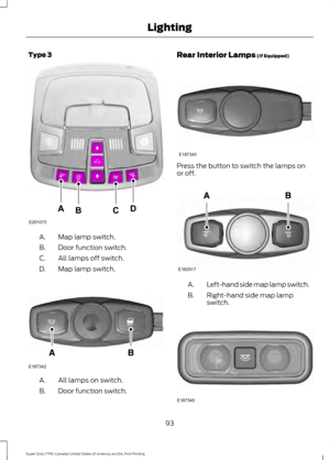 Page 96Type 3
Map lamp switch.
A.
Door function switch.
B.
All lamps off switch.
C.
Map lamp switch.
D. All lamps on switch.
A.
Door function switch.
B. Rear Interior Lamps (If Equipped)
Press the button to switch the lamps on
or off.
Left-hand side map lamp switch.
A.
Right-hand side map lamp
switch.
B. 93
Super Duty (TFE) Canada/United States of America, enUSA, First Printing LightingE201073
ADCB E187342 E187343 E182517 E187345  