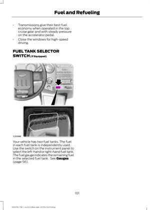 Page 104•
Transmissions give their best fuel
economy when operated in the top
cruise gear and with steady pressure
on the accelerator pedal.
• Close the windows for high-speed
driving.
FUEL TANK SELECTOR
SWITCH (If Equipped) Your vehicle has two fuel tanks. The fuel
in each fuel tank is independently used.
Use the switch on the instrument panel to
select the left-hand or right-hand fuel tank.
The fuel gauge indicates the remaining fuel
in the selected fuel tank.  See 
Gauges
(page 56).
101
F650750 (TBC) , enUSA,...