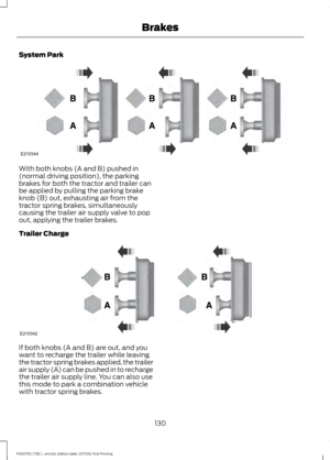 Page 133System Park
With both knobs (A and B) pushed in
(normal driving position), the parking
brakes for both the tractor and trailer can
be applied by pulling the parking brake
knob (B) out, exhausting air from the
tractor spring brakes, simultaneously
causing the trailer air supply valve to pop
out, applying the trailer brakes.
Trailer Charge
If both knobs (A and B) are out, and you
want to recharge the trailer while leaving
the tractor spring brakes applied, the trailer
air supply (A) can be pushed in to...