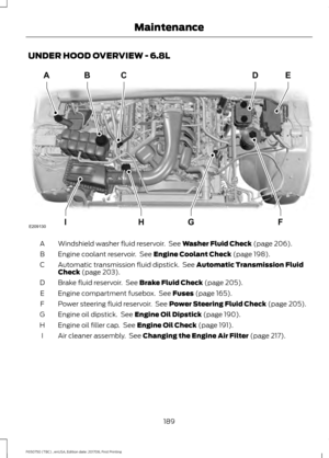 Page 192UNDER HOOD OVERVIEW - 6.8L
Windshield washer fluid reservoir.  See Washer Fluid Check (page 206).
A
Engine coolant reservoir.  See 
Engine Coolant Check (page 198).
B
Automatic transmission fluid dipstick.  See 
Automatic Transmission Fluid
Check (page 203).
C
Brake fluid reservoir.  See 
Brake Fluid Check (page 205).
D
Engine compartment fusebox.  See 
Fuses (page 165).
E
Power steering fluid reservoir.  See 
Power Steering Fluid Check (page 205).
F
Engine oil dipstick.  See 
Engine Oil Dipstick (page...