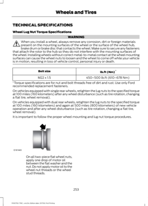 Page 256TECHNICAL SPECIFICATIONS
Wheel Lug Nut Torque Specifications
WARNING
When you install a wheel, always remove any corrosion, dirt or foreign materials
present on the mounting surfaces of the wheel or the surface of the wheel hub,
brake drum or brake disc that contacts the wheel. Make sure to secure any fasteners
that attach the rotor to the hub so they do not interfere with the mounting surfaces of
the wheel. Installing wheels without correct metal-to-metal contact at the wheel mounting
surfaces can cause...