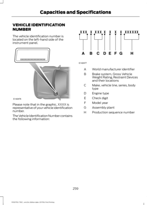 Page 262VEHICLE IDENTIFICATION
NUMBER
The vehicle identification number is
located on the left-hand side of the
instrument panel.
Please note that in the graphic, XXXX is
representative of your vehicle identification
number.
The Vehicle Identification Number contains
the following information: World manufacturer identifier
A
Brake system, Gross Vehicle
Weight Rating, Restraint Devices
and their locations
B
Make, vehicle line, series, body
type
C
Engine type
D
Check digit
E
Model year
F
Assembly plant
G...