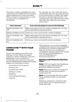 Page 292The system creates candidate lists when
it has the same confidence level of several
options based on your voice command.
When turned on, it may prompt you with
as many as four possibilities for
clarification.
For example, say "Say 1 after the tone to
call John Doe at home. Say 2 after the tone
to call Johnny Doe on mobile. Say 3 after
the tone to call Jane Doe at home." You
could also say "Say 1 after the tone to play
John Doe, Say 2 after the tone to play
Johnny Doe."If you want the...